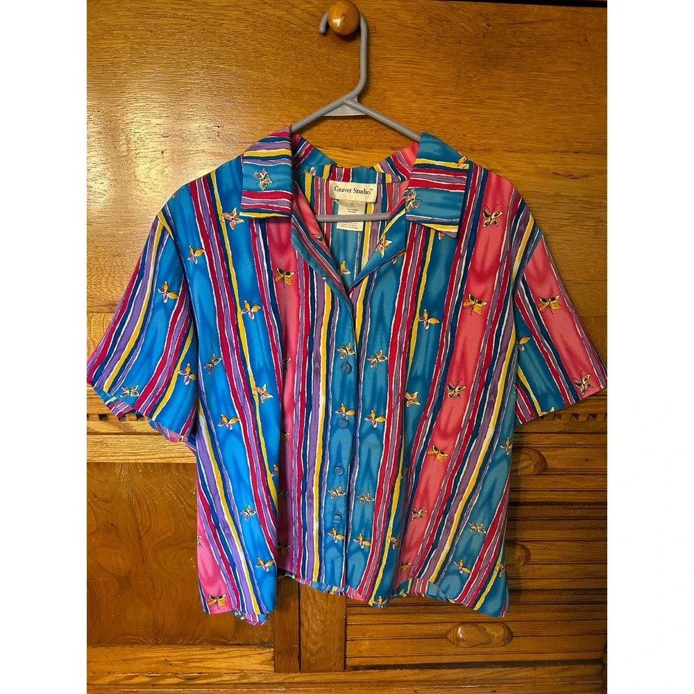 Graver Studio Y2K 3 Piece Set Butterfly Cardigan Shirt Skirt Pink Teal Fairy XL